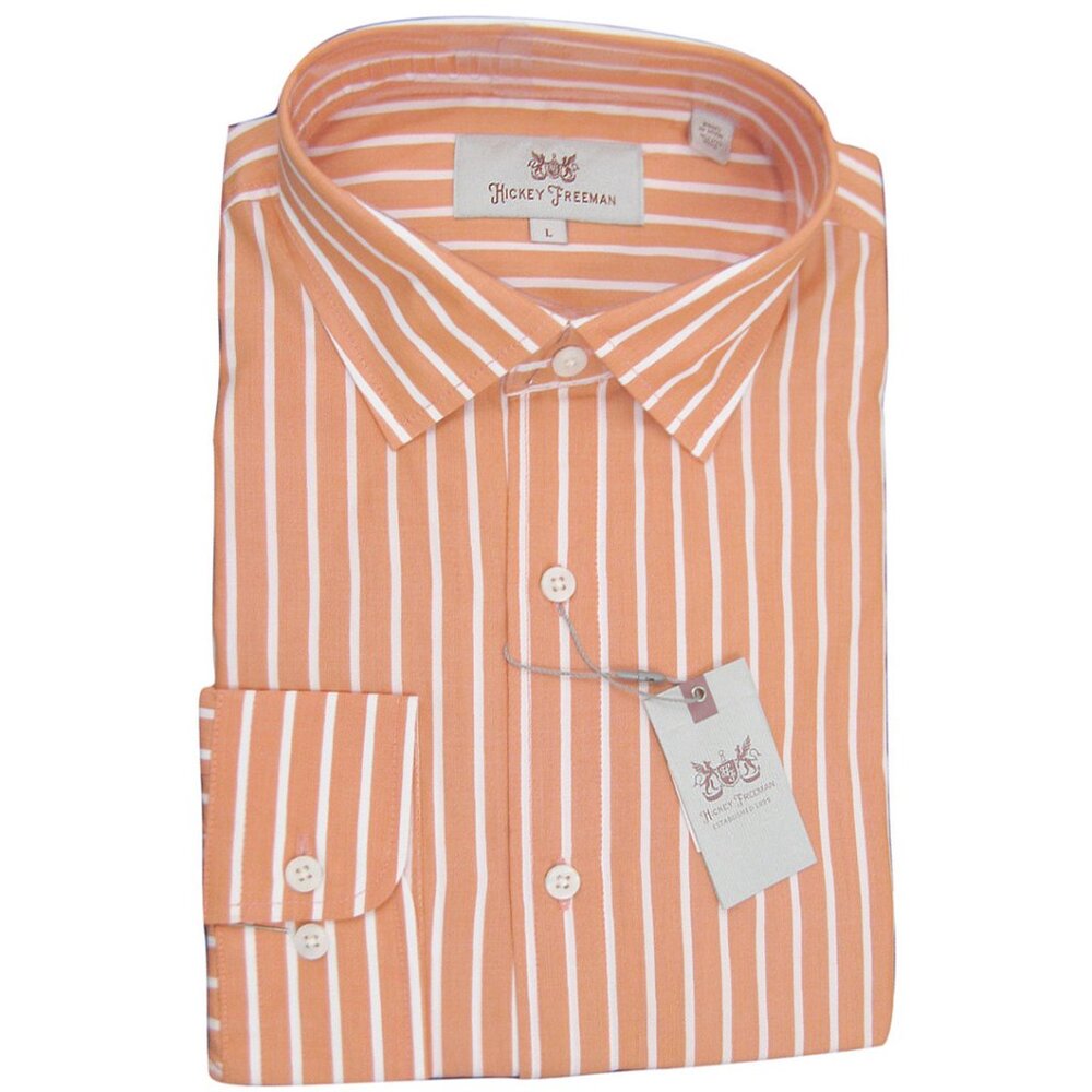NEW $145 Hickey Freeman Colorful Button Front Shirt!  Orange with White Stripes
